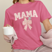 Woman wearing a pink "Chicken Mama" t-shirt with a coquette-inspired design featuring a rooster and floral bow, styled on a Comfort Colors 1717 shirt in Crunchberry pink.